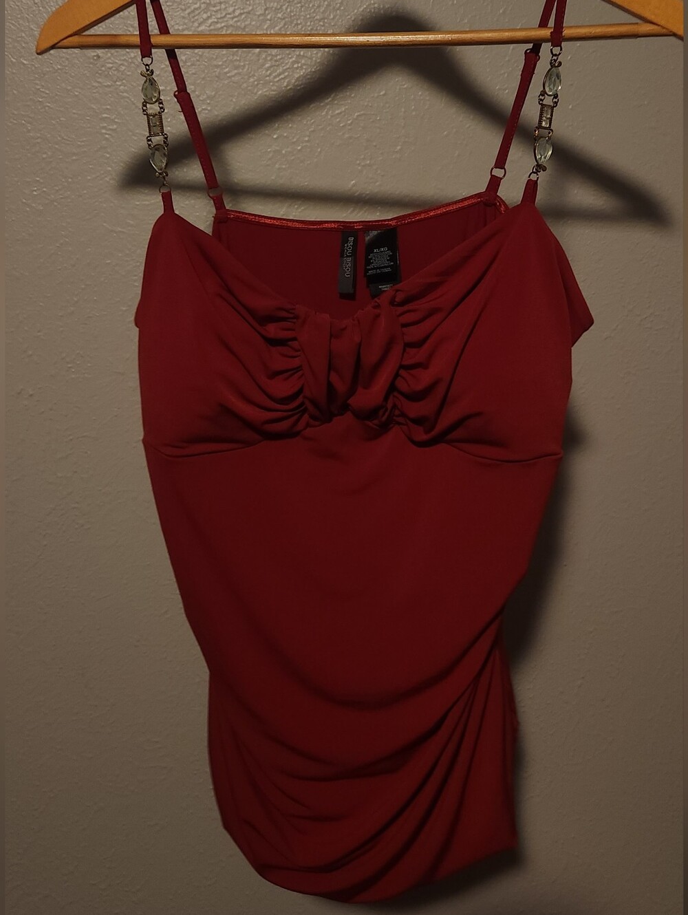Bisou Bisou Red Ruched Camisole with Front Knot & Adjustable Straps